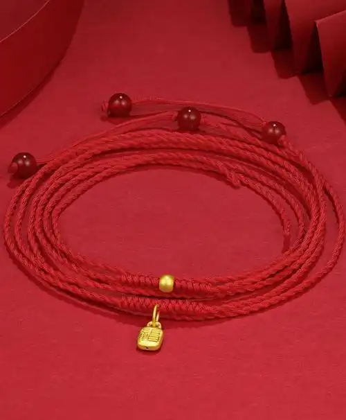 黄金腰链女款999足金红绳转运珠腰绳小福牌红腰带古风本命送女友 古法