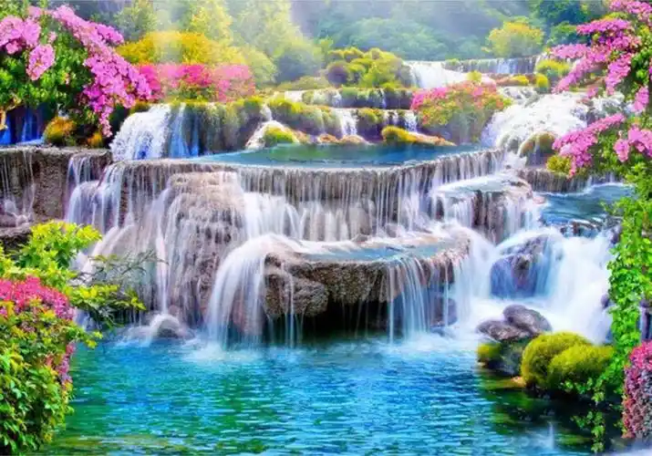 森林流水瀑布红色植物花卉山水风景钻石画