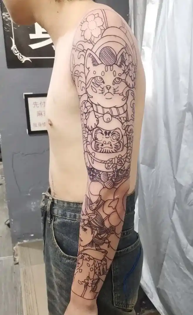 老传统花臂线条完工,下次再上色.#线条纹身 #花臂男图案  - 抖音