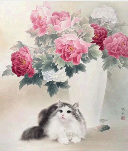 工笔画底稿牡丹小猫斗方参考白描13#打印稿学习临摹