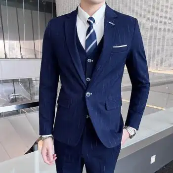 男士西服套装韩版商务正装新郎结婚礼服三件套休闲帅气西装男 深蓝色