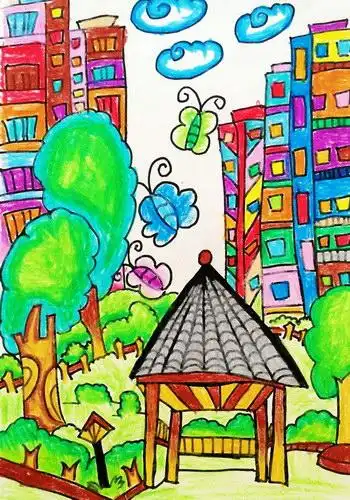 少儿书画作品-小区一角/儿童书画作品小区一角欣赏_中国少儿美术教育