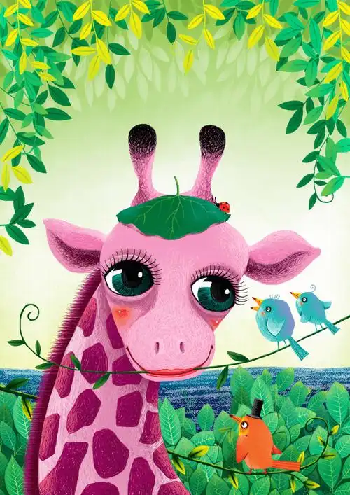 动物大世界插画系列-长颈鹿与鸟