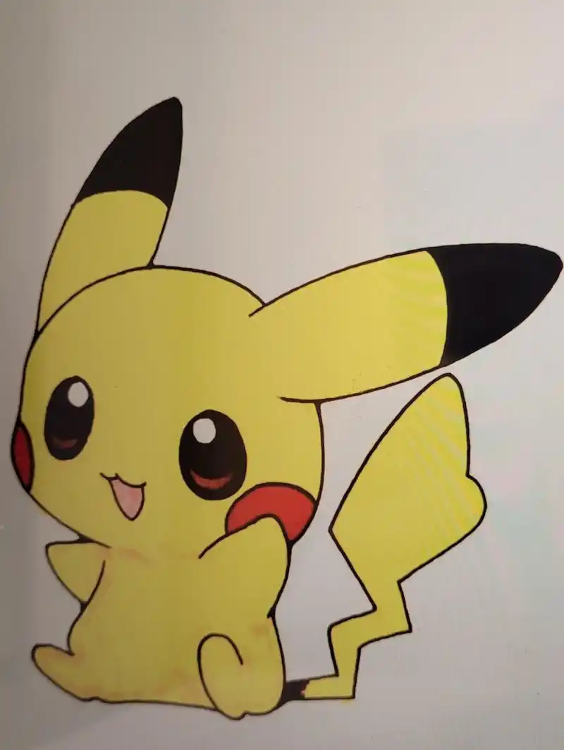 简单画93皮卡丘 绘画重点: 卡通人物手和脸遮挡关系 两只耳朵远近