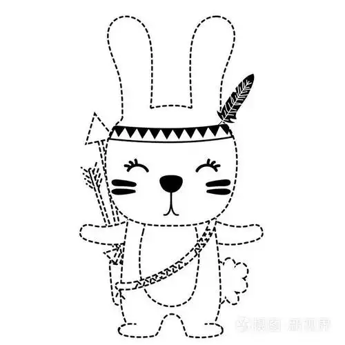 虚线形状可爱的兔子动物与羽毛和箭头矢量插图