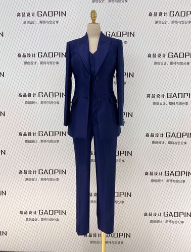西装套装女马夹三件套修身春秋款面试上班正装职业通勤西服宝蓝色