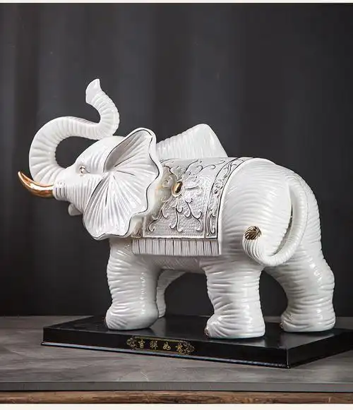 陶瓷大象摆件吉祥风水象玄关客厅办公室电视柜摆设品描金象鼻子向上