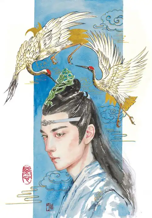 王一博蓝忘机古风水彩人物