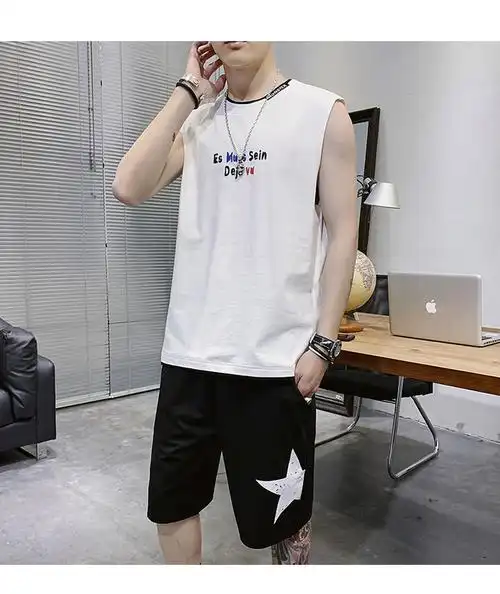 男士背心套装夏季个性潮流运动外穿无袖t恤ins短裤坎肩两件套 91白色