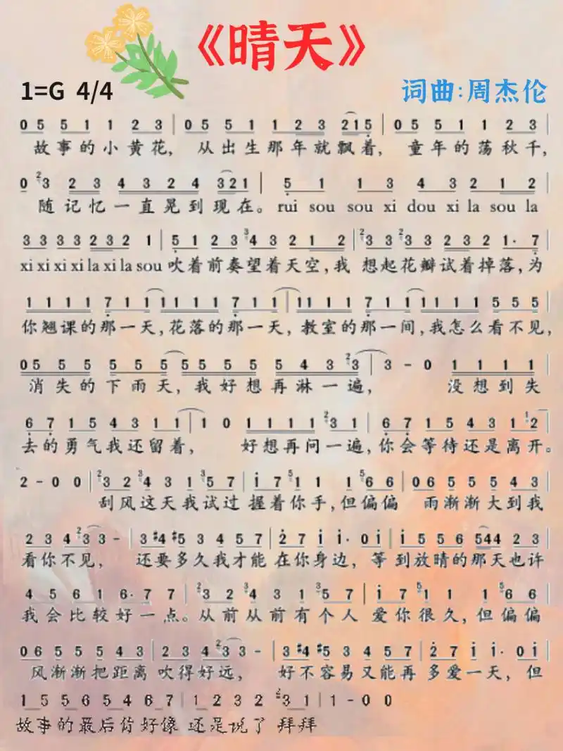 钢琴/电子琴谱分享|《晴天》数字简谱93 98今天整理了一下周杰伦