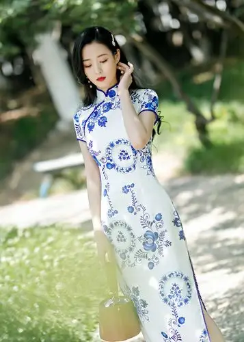 sky 186157 提花棉青花瓷旗袍复古中式