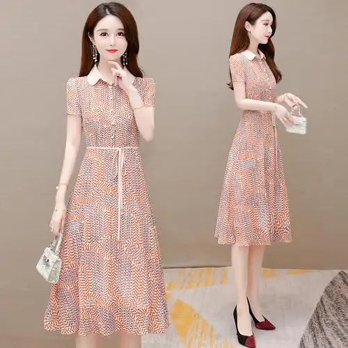 娃娃领连衣裙夏季女装2021今年新款夏天名牌雪纺减龄时尚爆款裙子