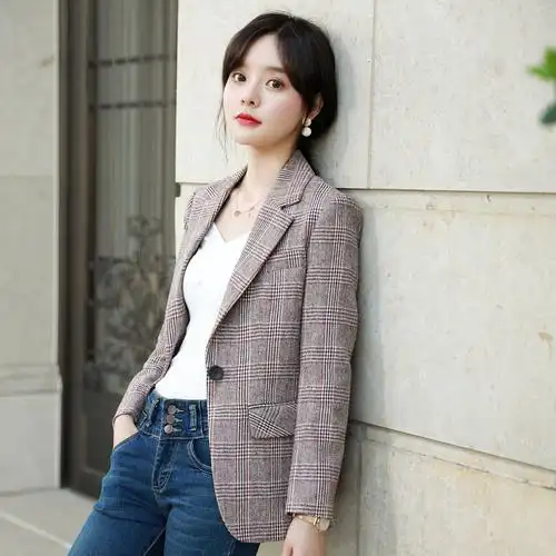 chic格子小西装外套女韩版小个子春秋气质网红职业西服上衣短款春