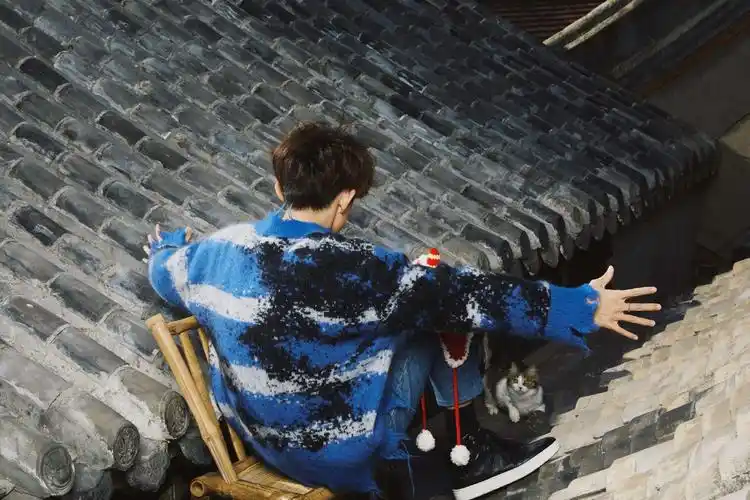 易烊千玺晒新年写真穿蓝色毛衣抱着猫咪治愈系男孩好帅