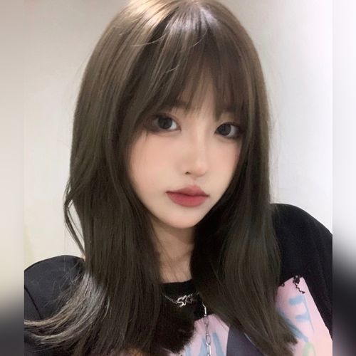 川上富江cos假发 网红齐刘海全头套冷棕色中长发自然日系发型女