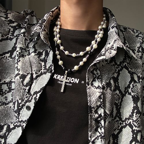 男士夏季双层黑白白珍珠叠戴项链男潮百搭小粒项链