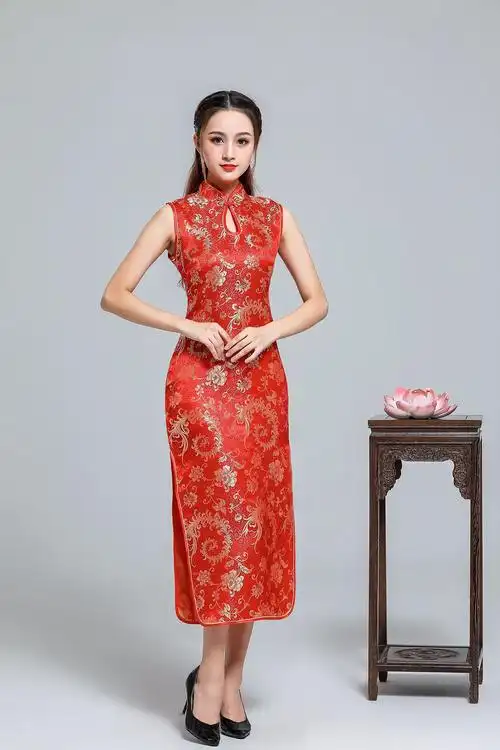 0成交1610件织锦缎梅花大码短旗袍 跨境女式旗袍裙节日传统礼服活动