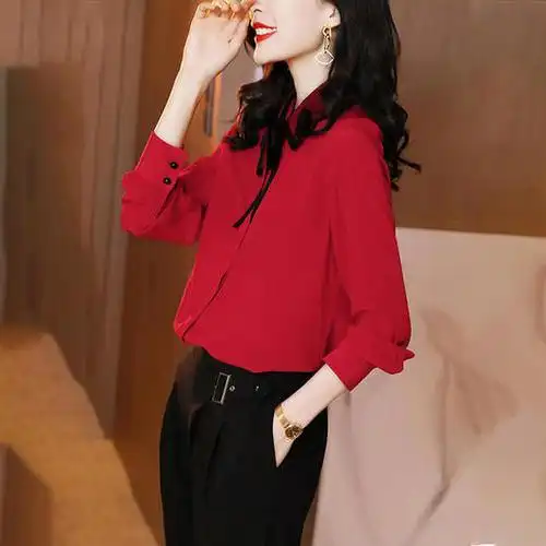 红色衬衫2020新款春秋长袖气质蕾丝蝴蝶结上衣职业装hx2139
