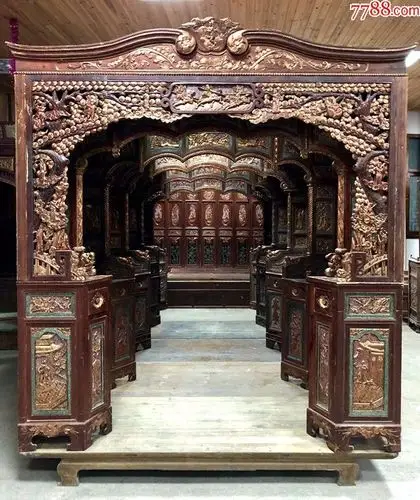 明清古旧老家具-xq-1903鎏金雕刻五进拔步千工床