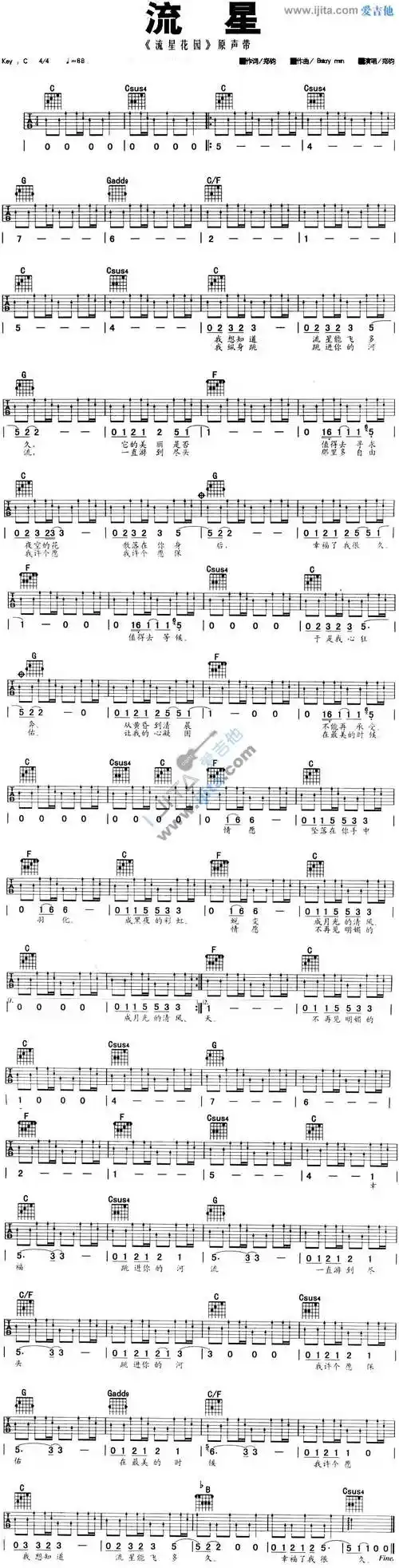 流星郑钧吉他谱郑钧吉他图片谱1张