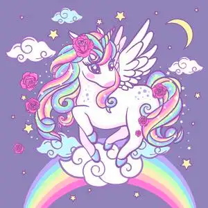 一只美丽的彩虹独角兽, 有星星, 玫瑰和云彩.设计的矢量插图照片