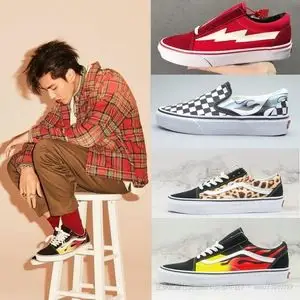 吴亦凡同款秋 季万斯帆布鞋男女潮牌火焰鞋豹纹休闲板鞋闪电女鞋