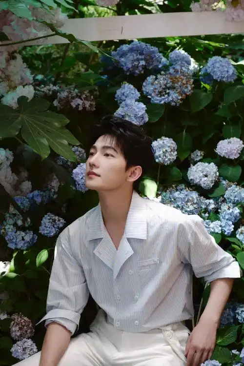 杨洋蓝白纹衬衫##杨洋闻花