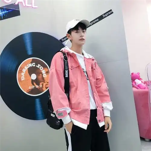 男生牛仔衣外套潮流 韩版宽松_秋冬新款男生粉色牛仔外套韩版潮流百搭