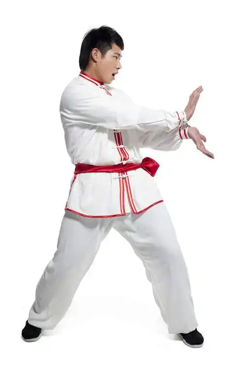 仅一个年轻男性,红色,手势,张嘴,太极拳,活力,力量,张开双腿,动作