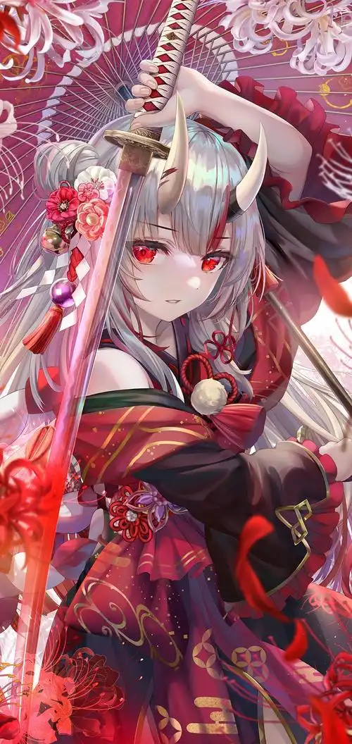 鬼族少女百鬼绫目全面屏红色手机壁纸