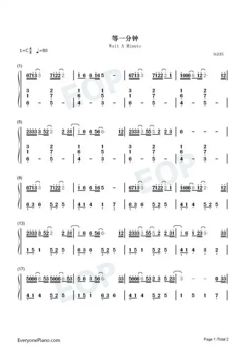 等一分钟-c调简单版-钢琴谱文件(五线谱,双手简谱,数字谱,midi,pdf)