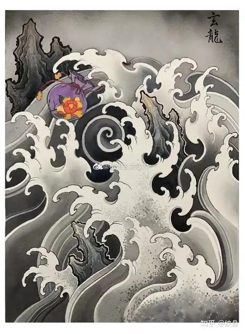 今日分享一波非法好看的纹身图案精品纹身手稿水浪纹身图案浪花纹身