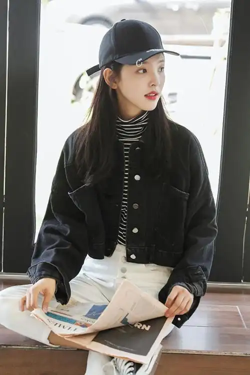 ulzzang水洗做旧磨白短款牛仔衣后背绑带高腰露脐廓形黑色牛仔外套潮